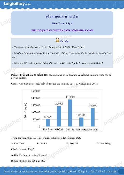 Đề thi học kì 2 Toán 6 - Đề số 10